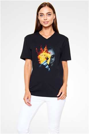 Unisex Burning Poker Joker Baskılı Siyah V Yaka T-shirt