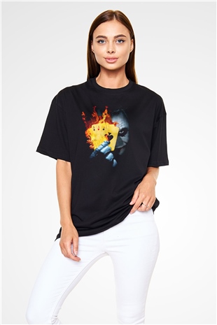 Unisex Burning Poker Joker Baskılı Siyah Oversize T-shirt