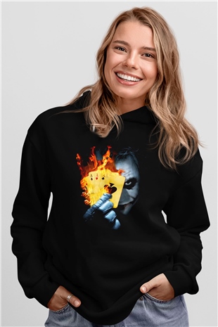 Unisex Burning Poker Joker Baskılı Siyah Kapüşonlu Sweatshirt