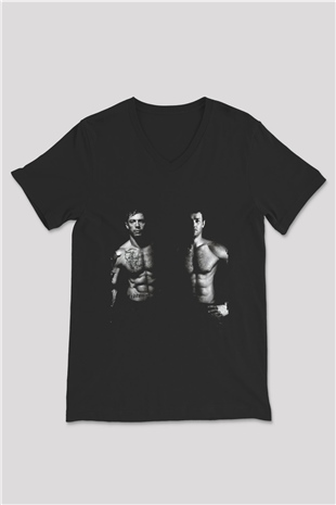 Unisex Büyük Dövüş (Warrior) Baskılı Siyah V Yaka Tshirt
