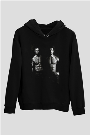 Unisex Büyük Dövüş (Warrior) Baskılı Siyah Kapüşonlu Sweatshirt