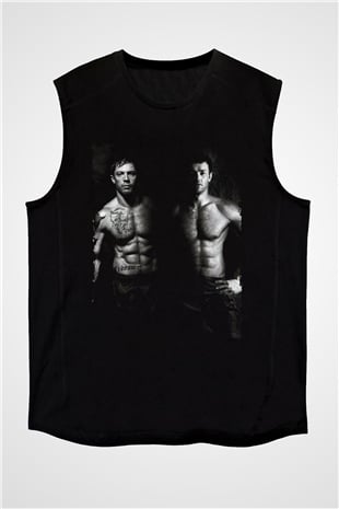 Unisex Büyük Dövüş (Warrior) Baskılı Siyah Kolsuz Tshirt
