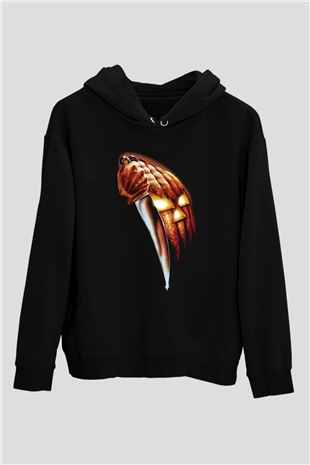 Unisex Cadılar Bayramı (Halloween) Baskılı Siyah Kapüşonlu Sweatshirt