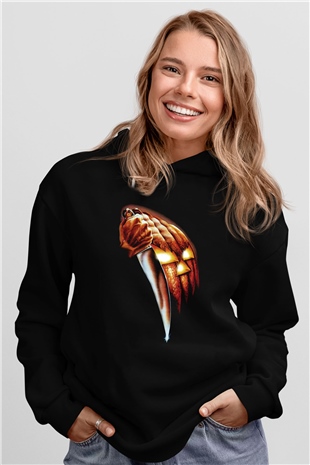 Unisex Cadılar Bayramı (Halloween) Baskılı Siyah Kapüşonlu Sweatshirt