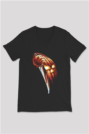 Unisex Cadılar Bayramı (Halloween) Baskılı Siyah V Yaka Tshirt