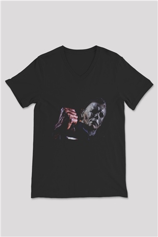 Unisex Cadılar Bayramı Öldürür (Halloween Kills) Baskılı Siyah V Yaka Tişört