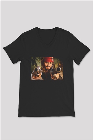 Unisex Captain Jack Sparrow Baskılı Siyah V Yaka Tshirt
