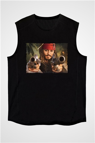 Unisex Captain Jack Sparrow Baskılı Siyah Kolsuz Tshirt