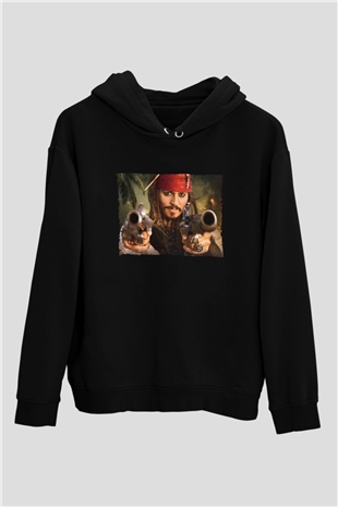 Unisex Captain Jack Sparrow Baskılı Siyah Kapüşonlu Sweatshirt