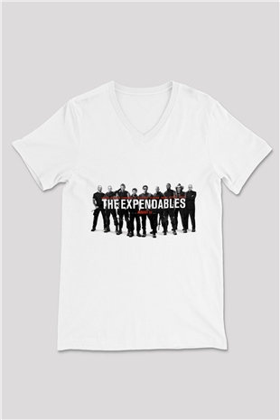 Unisex Cehennem Melekleri 2 (The Expendables 2) Baskılı Beyaz V Yaka Tshirt