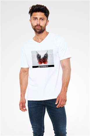 Unisex Cehennem Melekleri - The Expendables Baskılı Beyaz V Yaka Tişört