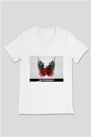 Unisex Cehennem Melekleri - The Expendables Baskılı Beyaz V Yaka Tişört