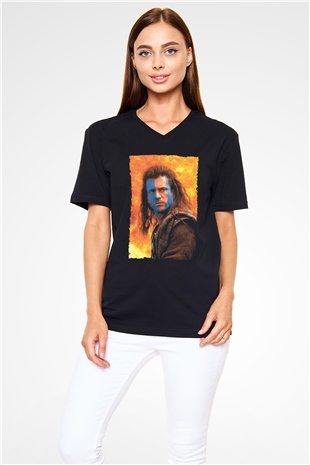 Unisex Cesur Yürek (Braveheart) Baskılı Siyah V Yaka Tişört