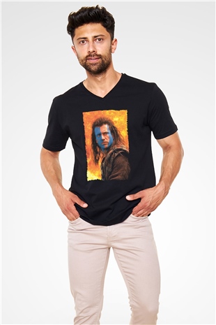Unisex Cesur Yürek (Braveheart) Baskılı Siyah V Yaka Tişört