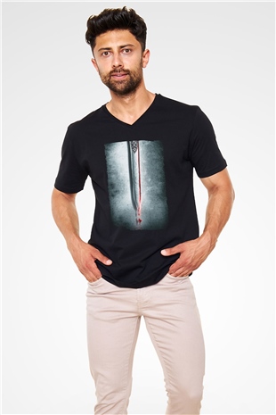 Unisex Cesur Yürek (Braveheart) Baskılı Siyah V Yaka T-shirt