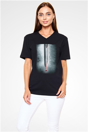 Unisex Cesur Yürek (Braveheart) Baskılı Siyah V Yaka T-shirt
