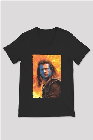 Unisex Cesur Yürek (Braveheart) Baskılı Siyah V Yaka Tişört