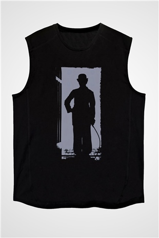 Unisex Charlie Chaplin Baskılı Siyah Kolsuz T-shirt
