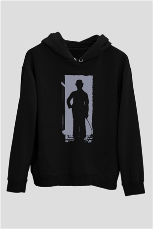 Unisex Charlie Chaplin Baskılı Siyah Kapüşonlu Sweatshirt