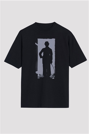 Unisex Charlie Chaplin Baskılı Siyah Oversize T-shirt