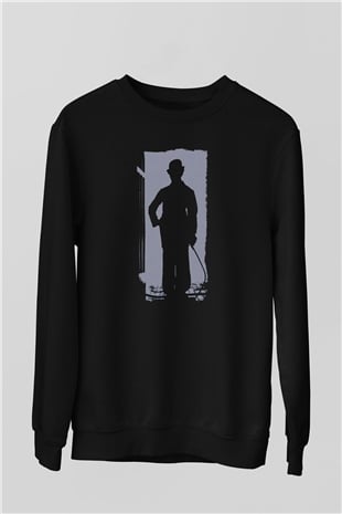 Unisex Charlie Chaplin Baskılı Siyah Sweatshirt
