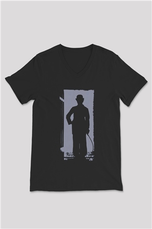 Unisex Charlie Chaplin Baskılı Siyah V Yaka T-shirt