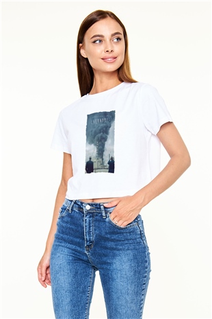 Unisex Chernobyl Baskılı Beyaz Crop Top Tişört
