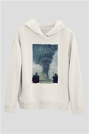 Unisex Chernobyl Baskılı Beyaz Kapüşonlu Sweatshirt