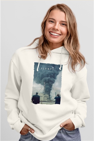 Unisex Chernobyl Baskılı Beyaz Kapüşonlu Sweatshirt