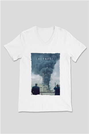 Unisex Chernobyl Baskılı Beyaz V Yaka Tişört