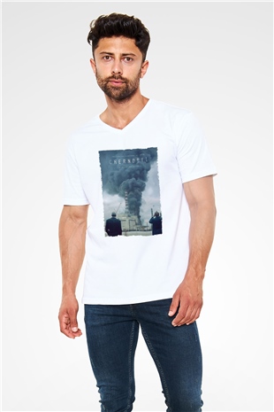 Unisex Chernobyl Baskılı Beyaz V Yaka Tişört