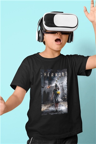 Unisex Chernobyl Baskılı Siyah Çocuk T-shirt
