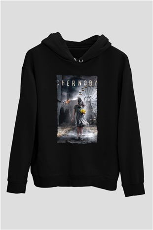 Unisex Chernobyl Baskılı Siyah Kapüşonlu Sweatshirt