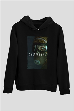 Unisex Chernobyl Baskılı Siyah Kapüşonlu Sweatshirt
