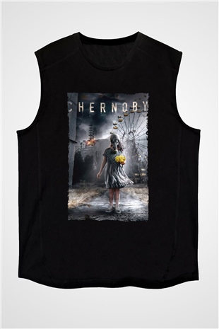 Unisex Chernobyl Baskılı Siyah Kolsuz T-shirt