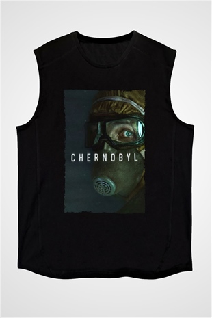 Unisex Chernobyl Baskılı Siyah Kolsuz Tişört