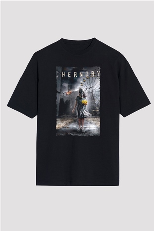 Unisex Chernobyl Baskılı Siyah Oversize T-shirt