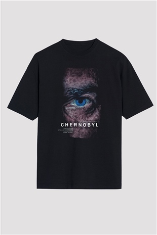 Unisex Chernobyl Baskılı Siyah Oversize Tshirt