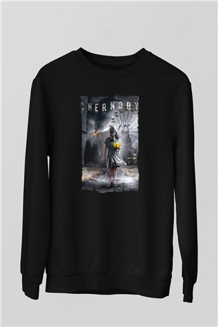 Unisex Chernobyl Baskılı Siyah Sweatshirt