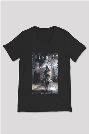 Unisex Chernobyl Baskılı Siyah V Yaka T-shirt