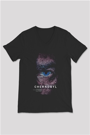 Unisex Chernobyl Baskılı Siyah V Yaka Tshirt