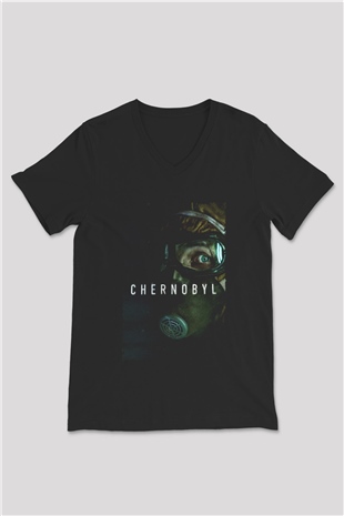 Unisex Chernobyl Baskılı Siyah V Yaka Tişört