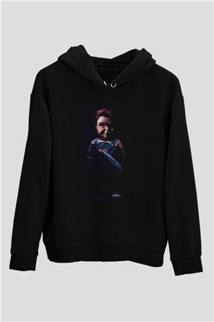 Unisex Chucky (Childs Play) Baskılı Siyah Kapüşonlu Sweatshirt