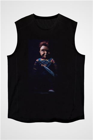 Unisex Chucky (Childs Play) Baskılı Siyah Kolsuz Tişört