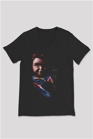 Unisex Chucky (Childs Play) Baskılı Siyah V Yaka Tshirt