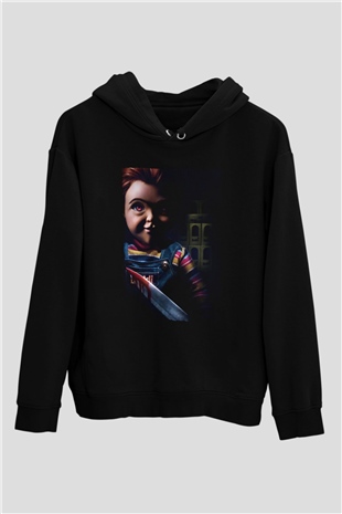 Unisex Chucky (Childs Play) Baskılı Siyah Kapüşonlu Sweatshirt