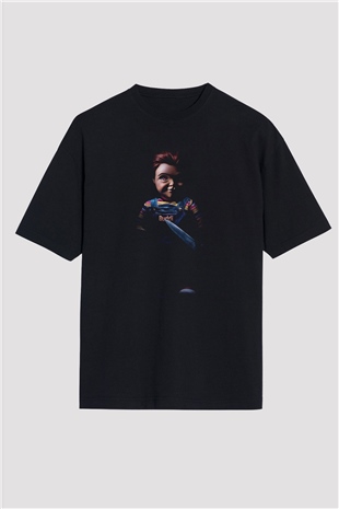 Unisex Chucky (Childs Play) Baskılı Siyah Oversize Tişört