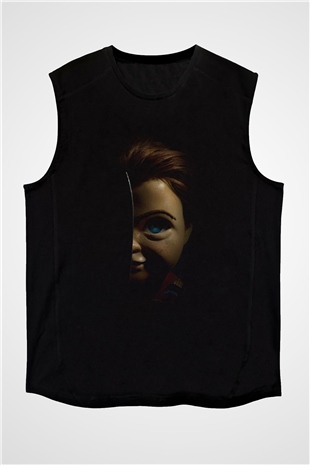 Unisex Chucky (Childs Play) Baskılı Siyah Kolsuz T-shirt