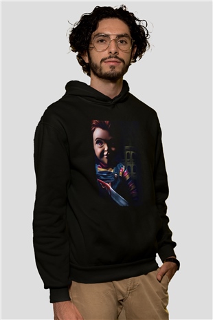 Unisex Chucky (Childs Play) Baskılı Siyah Kapüşonlu Sweatshirt