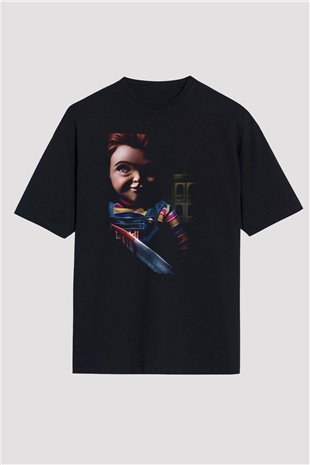 Unisex Chucky (Childs Play) Baskılı Siyah Oversize Tshirt